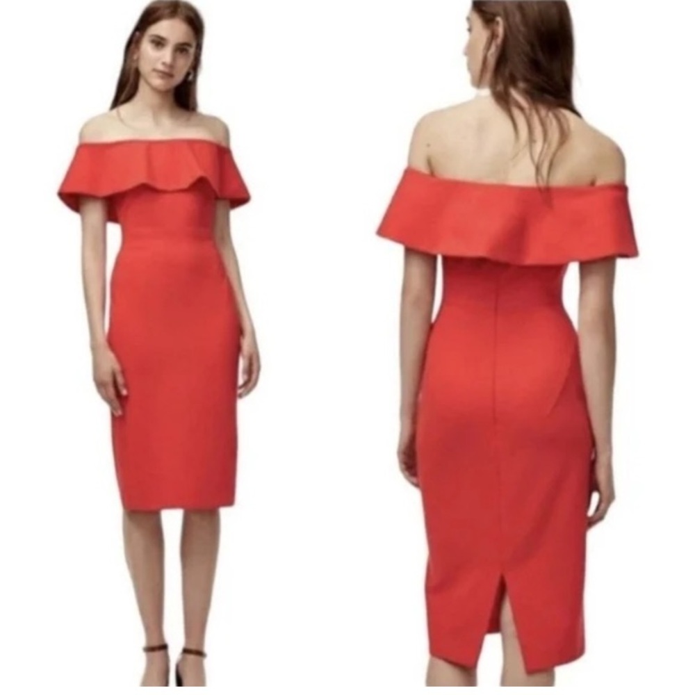Babaton Pink Ruffled Off-Shoulder Sheath Dress